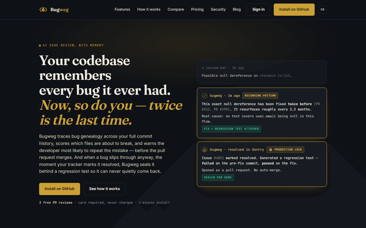 Page d'accueil de bugweg.com — un correcteur de code IA qui retrace la généalogie des bogues et verrouille les bogues corrigés en production derrière un test de régression généré automatiquement
